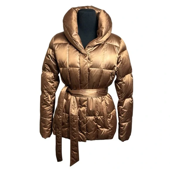 Lands’ End Women’s SZ M Gold Metallic Down Puffer Coat W/ Belt Preppy Office EUC - Picture 12 of 12